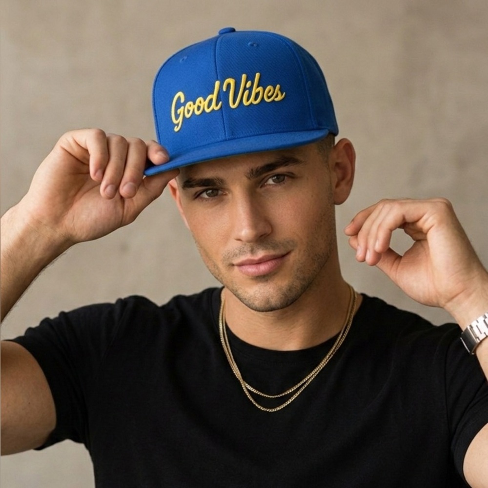 Good Vibes— Snapback Hat Royal Blue & Gold Embroidered Streetwear Cap